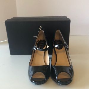 Cole Haan patent leather open toe heel.